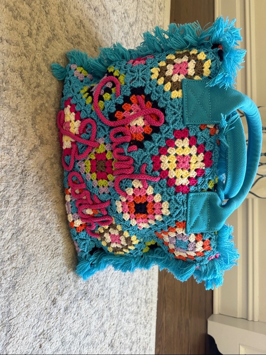 MC2 Saint Barth Handbags - MC2 Saint Barth Turquoise Crochet Granny Square Tote with Pink Script MEDIUM